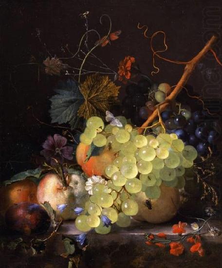 Still-life of grapes and a peach on a table-top, Jan van Huysum